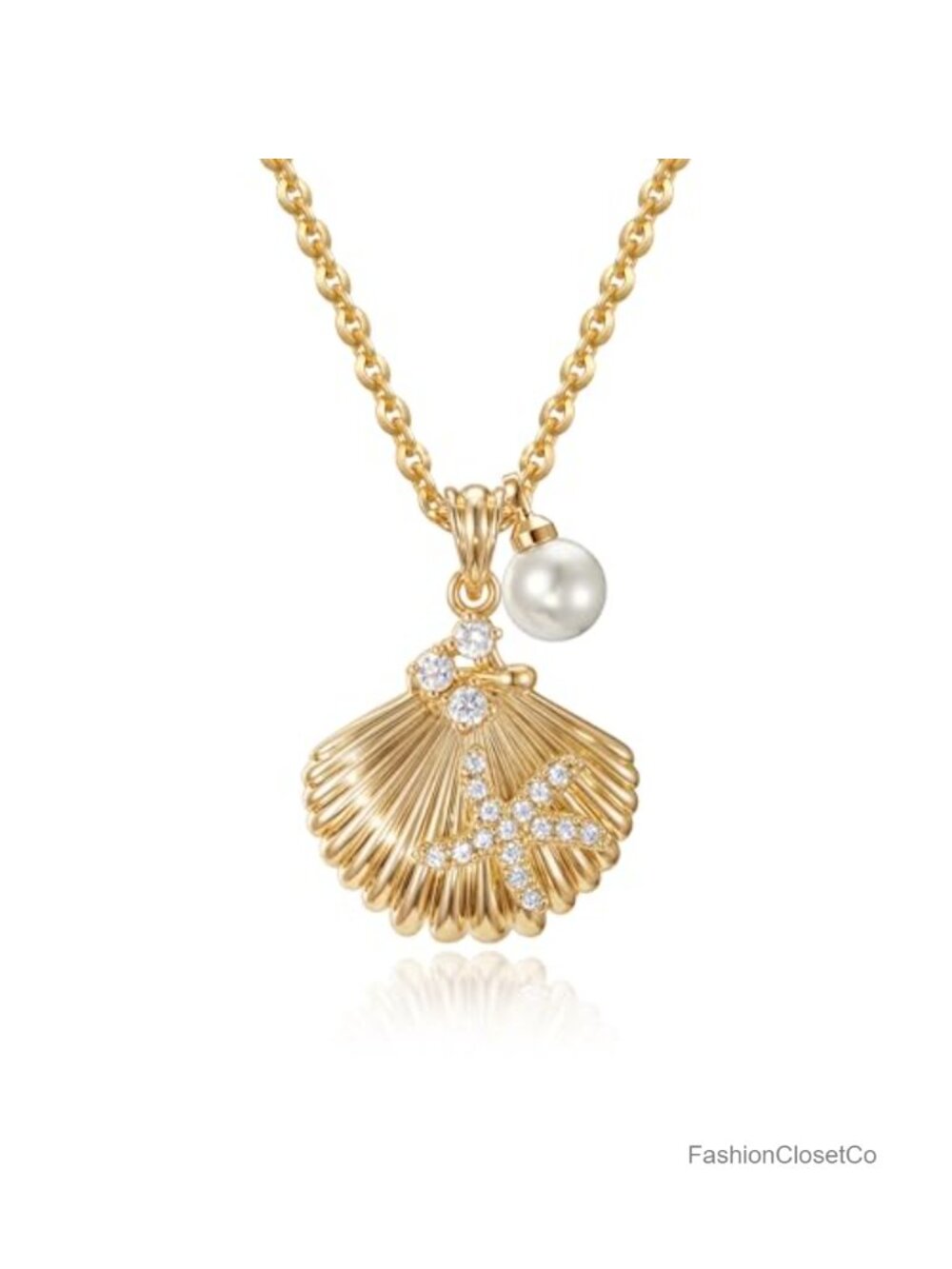 14K Gold Plated Shell Pendant Necklace with CZ Starfish Pearl 18in Adjustable